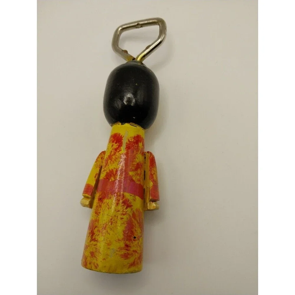 Vintage Wooden Doll Bottle Opener Handcrafted Yellow Red Black Decorative Unique